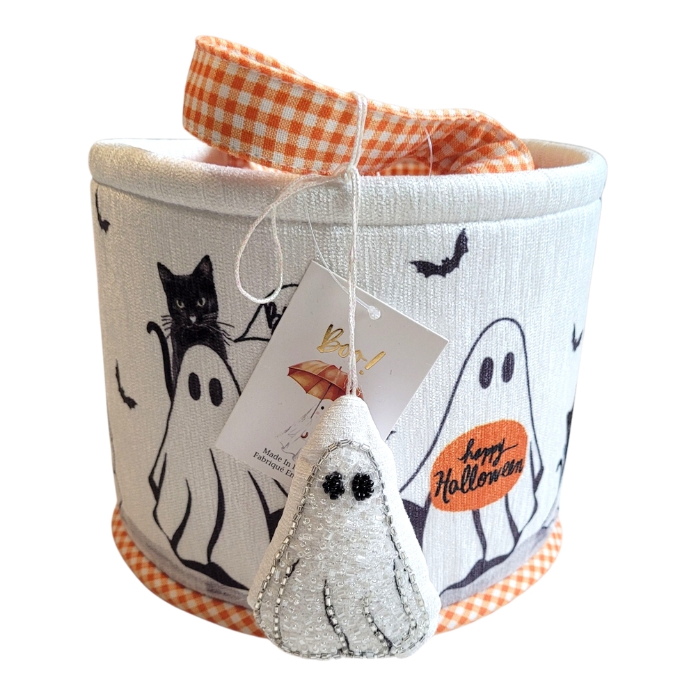 NWT Halloween Orange Gingham Ghost Black Cat Basket Tote Fabric Candy Bag